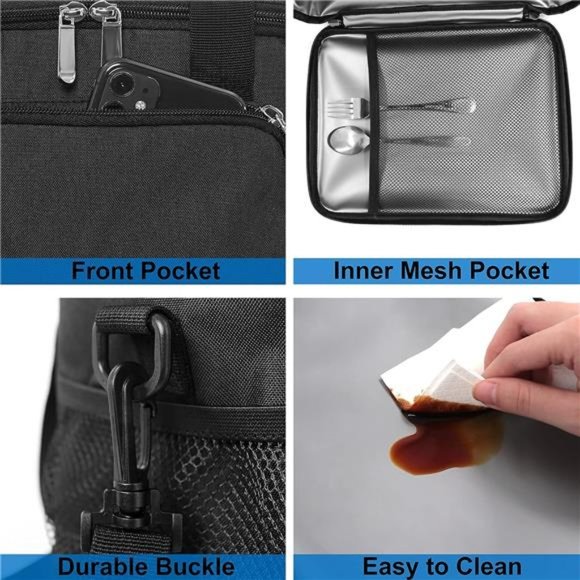 Men' Insulated Lunch Bag Leakproof Lunch Box w/Adjustable Shoulder Strap - Black - Picture 6 of 7